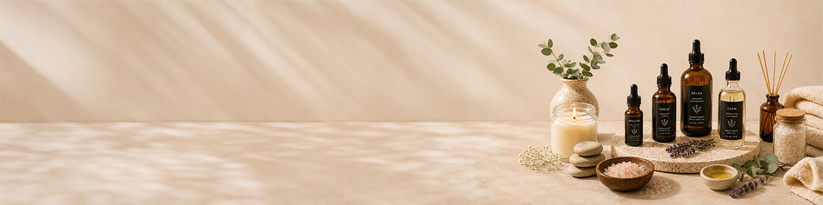 A styled spa product arrangement on a beige stone surface. The products include several amber and clear glass dropper bottles for essential oils and aromatherapy.