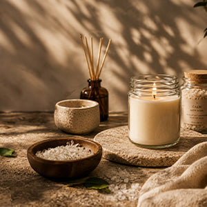 A rustic tabletop scene with several natural materials and containers, including a clear glass candle jar and a dark brown bottle with dried reeds.