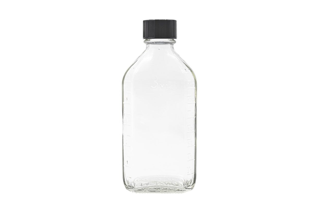 175 ml Clear Graduated Oval Glass Bottle including Black Phenolic Cap With PE Cone Liner
