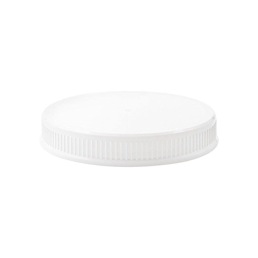 Bouchon à filetage continu en polypropylène blanc 89-400, finition mate, à nervures fines et revêtement sensible à la pression.
