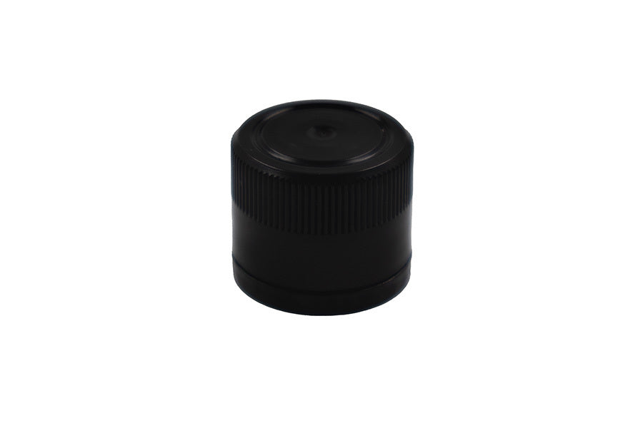 Black plastic continuous thread cap / closure for bottles and jars (size: 31.5 mm)