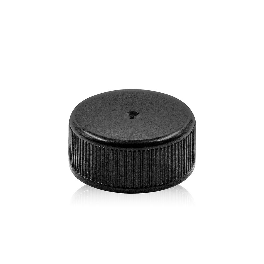 Bouchon de valve à filetage continu en PP noir 24-400, à nervures fines et à dessus lisse