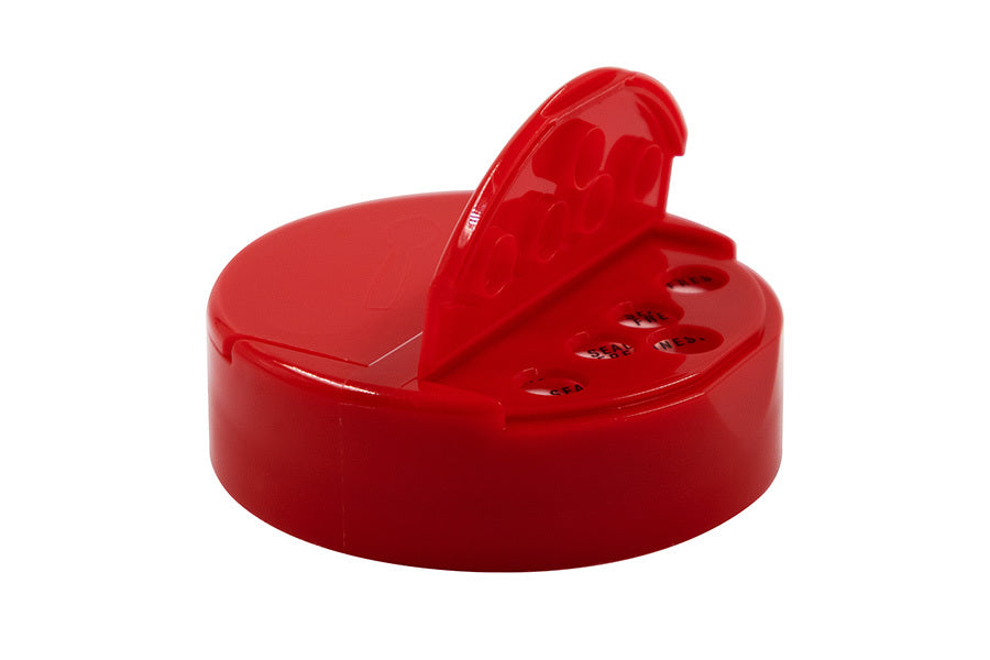 63-485 Red PP Dual Flap Cap .300" 5 Hole / Pour Pressure Sensitive Cap