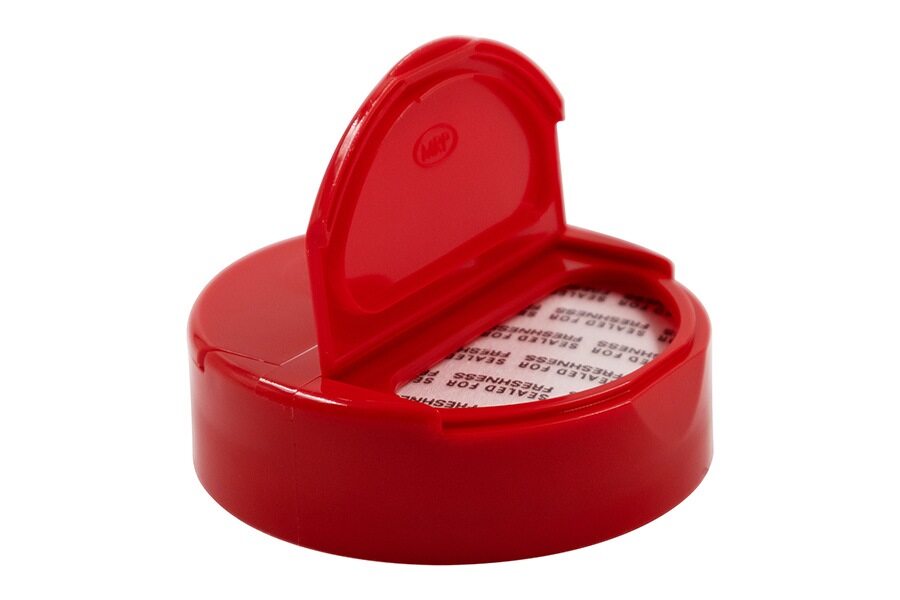 Red plastic dispensing cap / closure for bottles and jars (size: 63-485)
