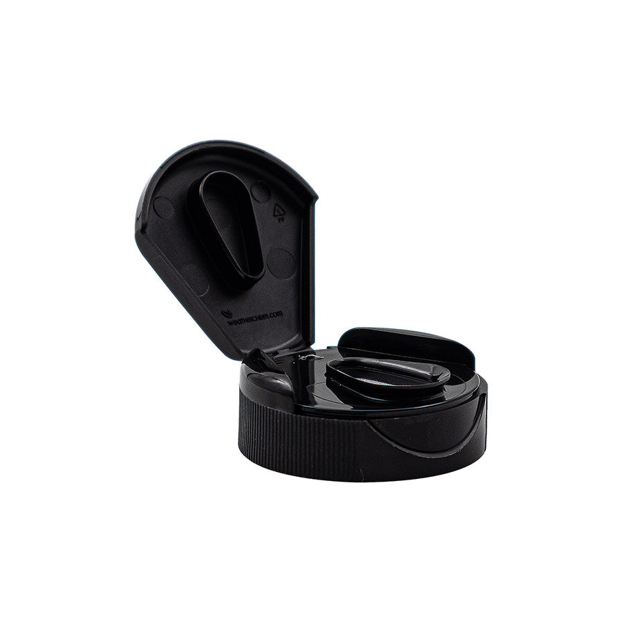 38-400 Black PP Closure - Dispensing Flip Top Teardrop Lf Rib Lg PS113 TRI TAB UN LINER PRTD (2300)