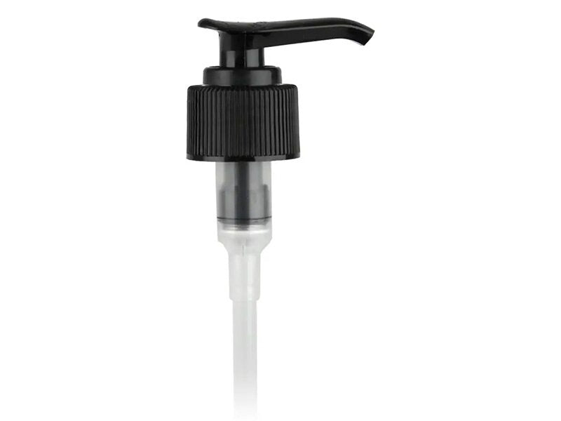 Black plastic pump cap / closure for bottles and jars (size: 24-410)