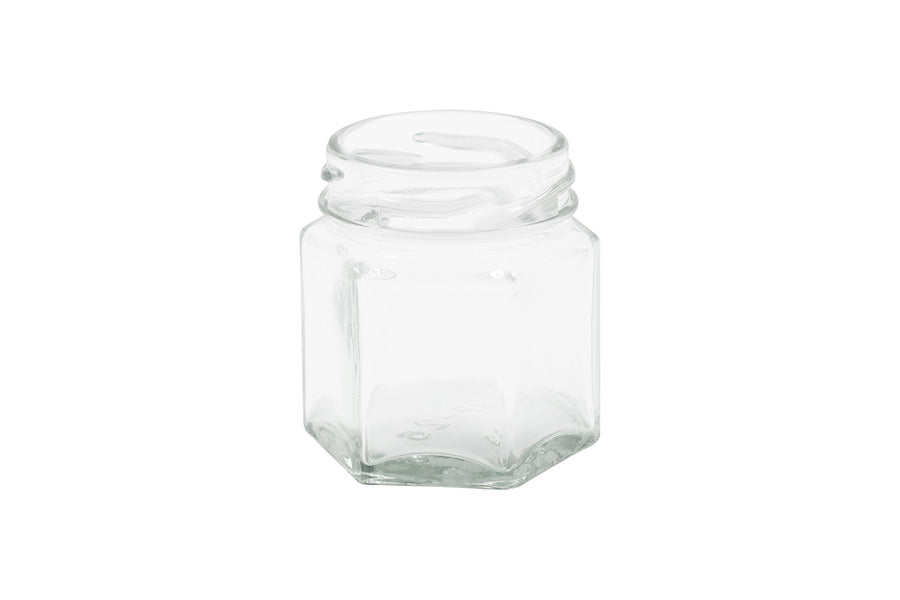Bocal hexagonal en verre transparent de 45 ml avec bouchon à vis de 43 mm