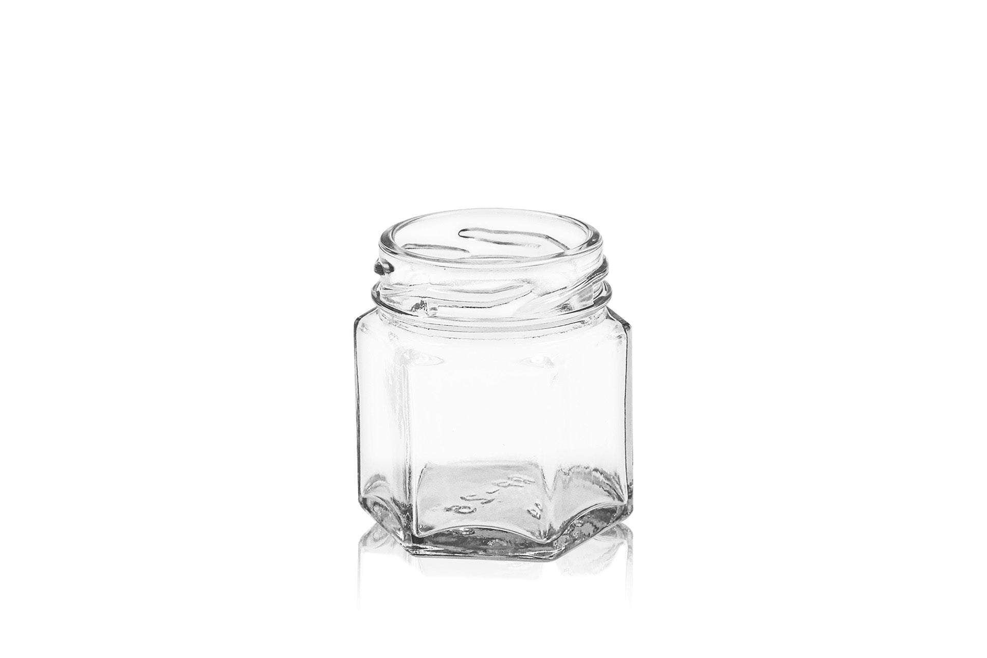 Bocal hexagonal en verre transparent de 45 ml avec bouchon à vis de 43 mm