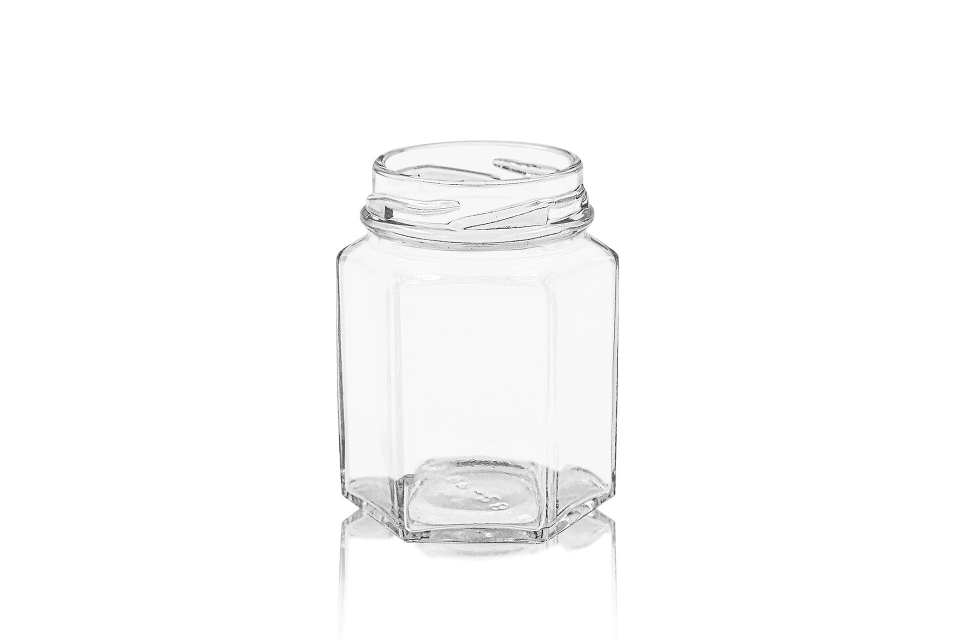 Bocal hexagonal en verre transparent de 110 ml, 48 mm, avec bouchon à vis