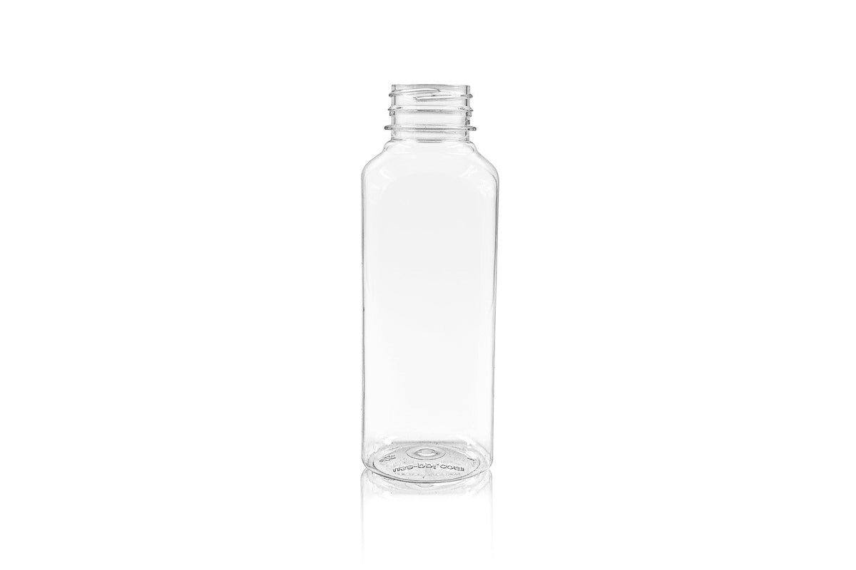 16 oz Clear PET Square Juice Bottle 38 mm Tamper Evident