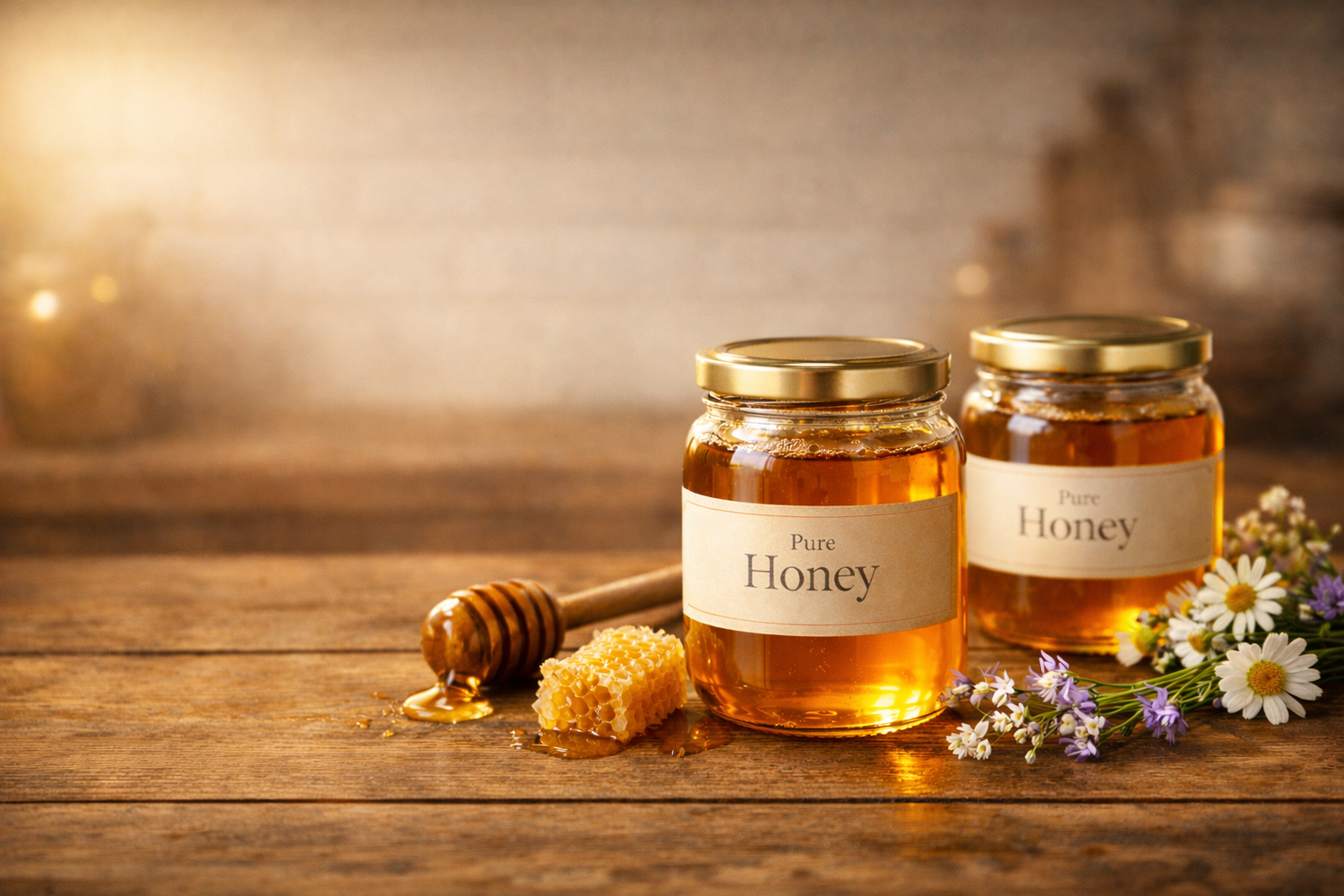 Two jars of honey on a wooden table with a honeycomb and flowers.