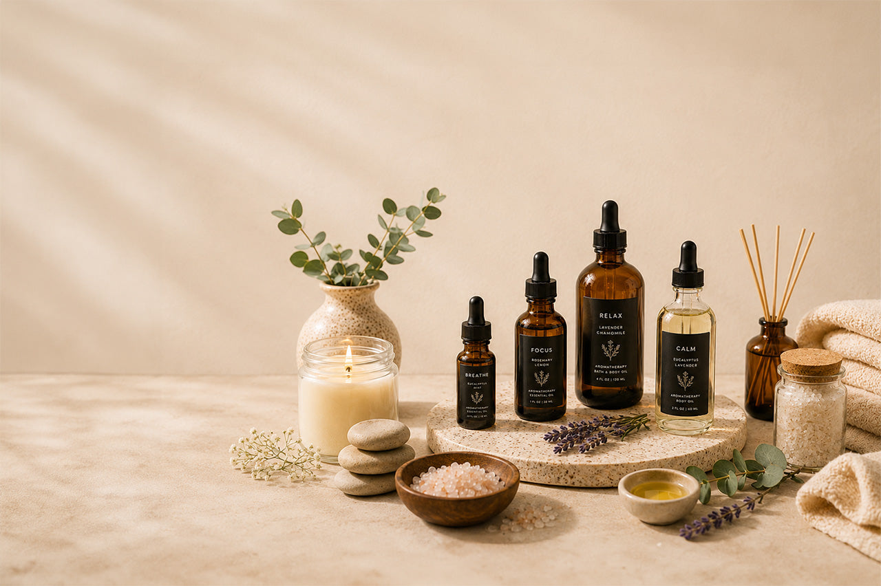A styled spa product arrangement on a beige stone surface. The products include several amber and clear glass dropper bottles for essential oils and aromatherapy.