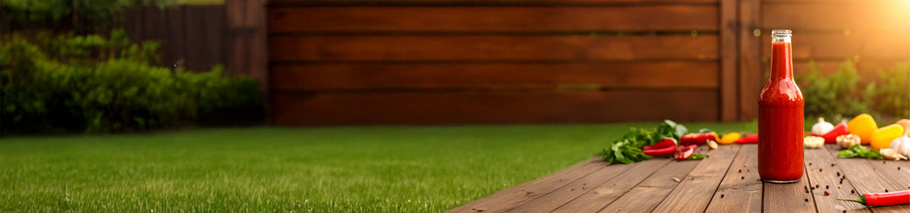 Glass bottle of hot sauce on a wooden table with vegetables in a summer garden setting.