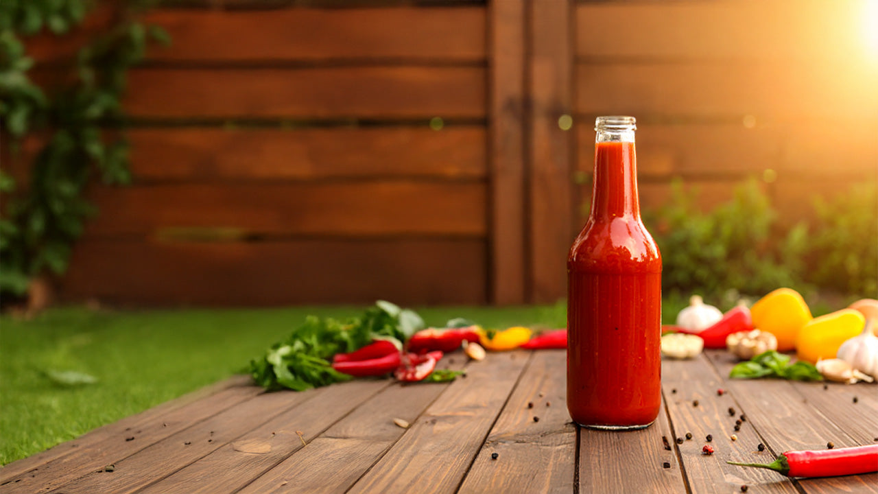 Glass bottle of hot sauce on a wooden table with vegetables in a summer garden setting.
