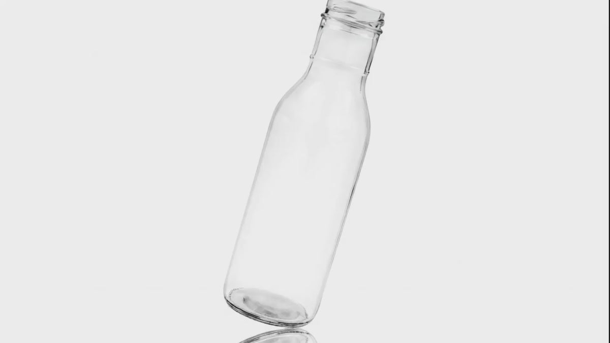 Charger la vidéo : Bouteille en verre transparent de 12 oz à col annulaire, bouchon à vis de 38 mm