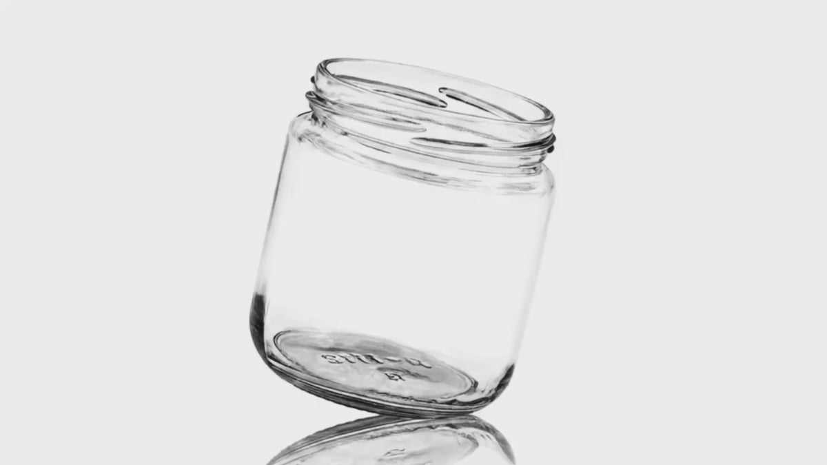Charger la vidéo : Bocal cylindrique court en verre transparent de 250 ml, 70 mm, à visser.