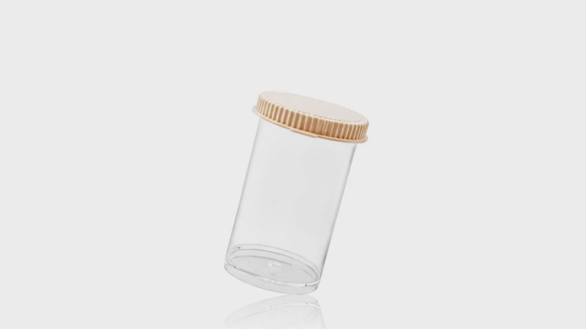 Charger la vidéo : Contenant transparent de 30 ml (1 oz) pour aérosol de tir PS avec bouchon à pression blanc