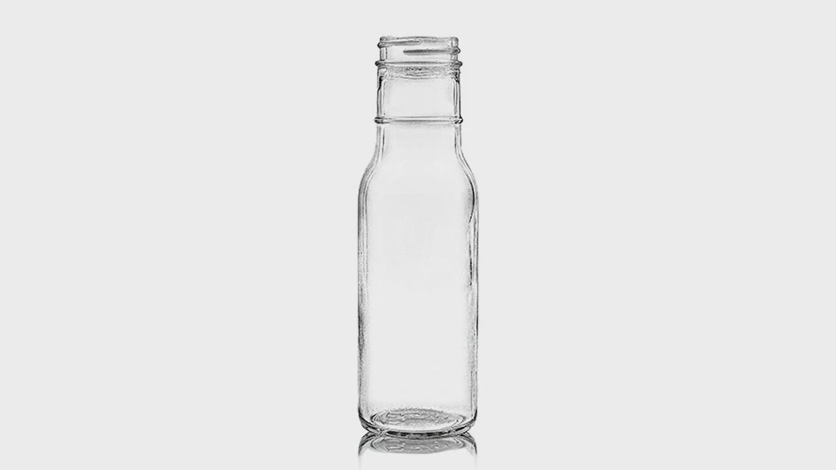 Charger la vidéo : Bouteille à sauce en verre transparent à col annulaire de 12 oz 38-400