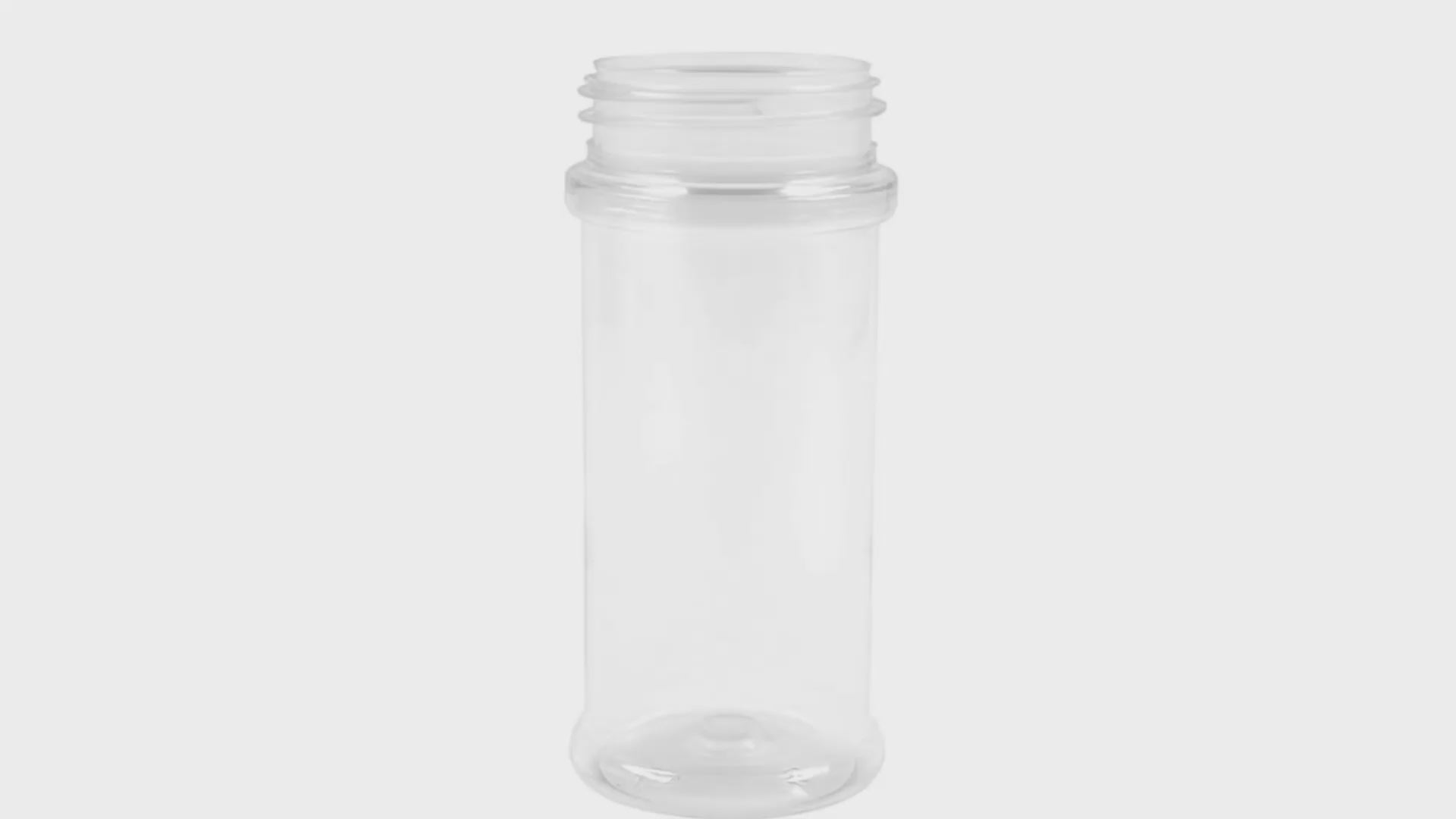 Charger la vidéo : 8.4 oz Clear PET Round Spice Jar
